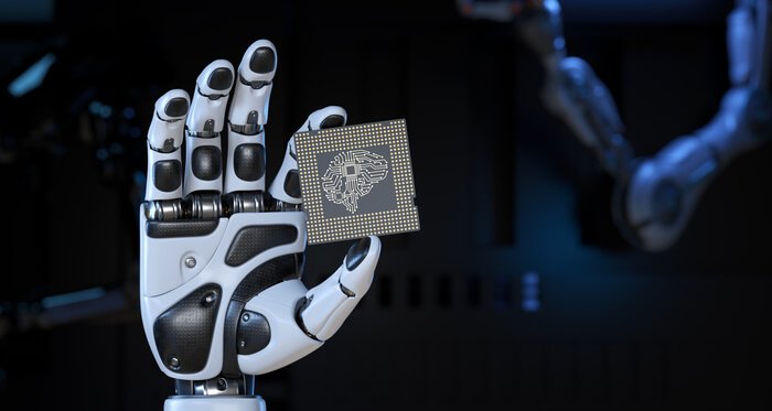 inteligencia artificial robo segurando cerebro